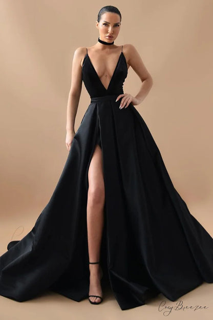 Evening Glamour Black Trendy Satin Backless Gown