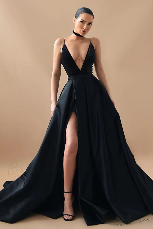 Evening Glamour Black Trendy Satin Backless Gown Black / 2