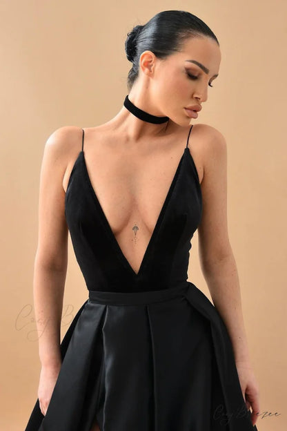 Evening Glamour Black Trendy Satin Backless Gown