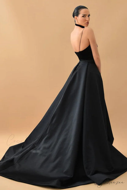 Evening Glamour Black Trendy Satin Backless Gown