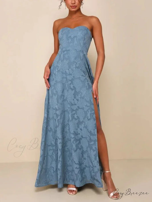 Evening Gown Strapless Slim Graceful Fit Slit Maxi Dress Blue / S