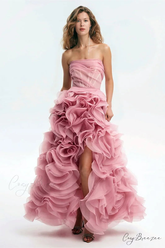Evening Icon Tulle Trendy Strapless Maxi Dress Pink / 2