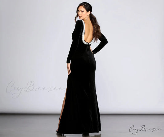 Everly Formal Velvet Charming And Pearl Dress BLACK / XS