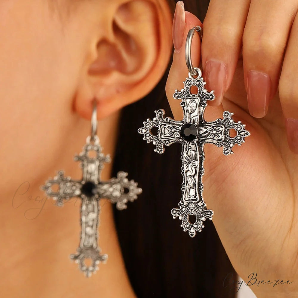 Exaggerated Gothic Silver Cross Hip-hop Sweater Necklace SILVER