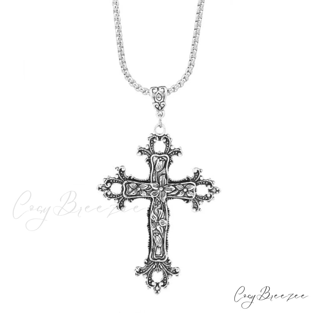 Exaggerated Gothic Silver Cross Hip-hop Sweater Necklace SILVER
