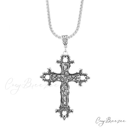 Exaggerated Gothic Silver Cross Hip-hop Sweater Necklace SILVER