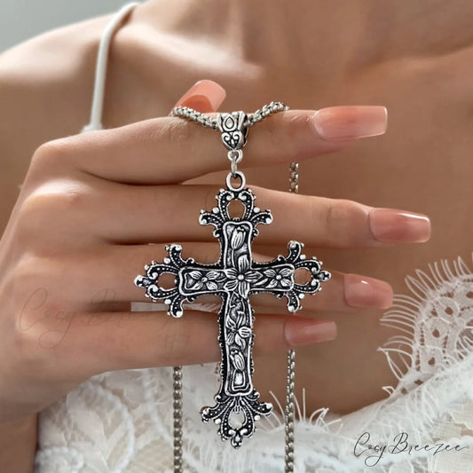 Exaggerated Gothic Silver Cross Hip-hop Sweater Necklace SILVER