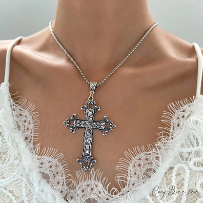 Exaggerated Gothic Silver Cross Hip-hop Sweater Necklace SILVER