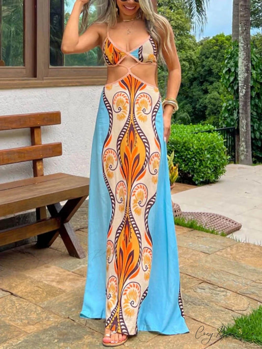 Exotic Summer Stylish Vacation Suspender Dress Blue / S