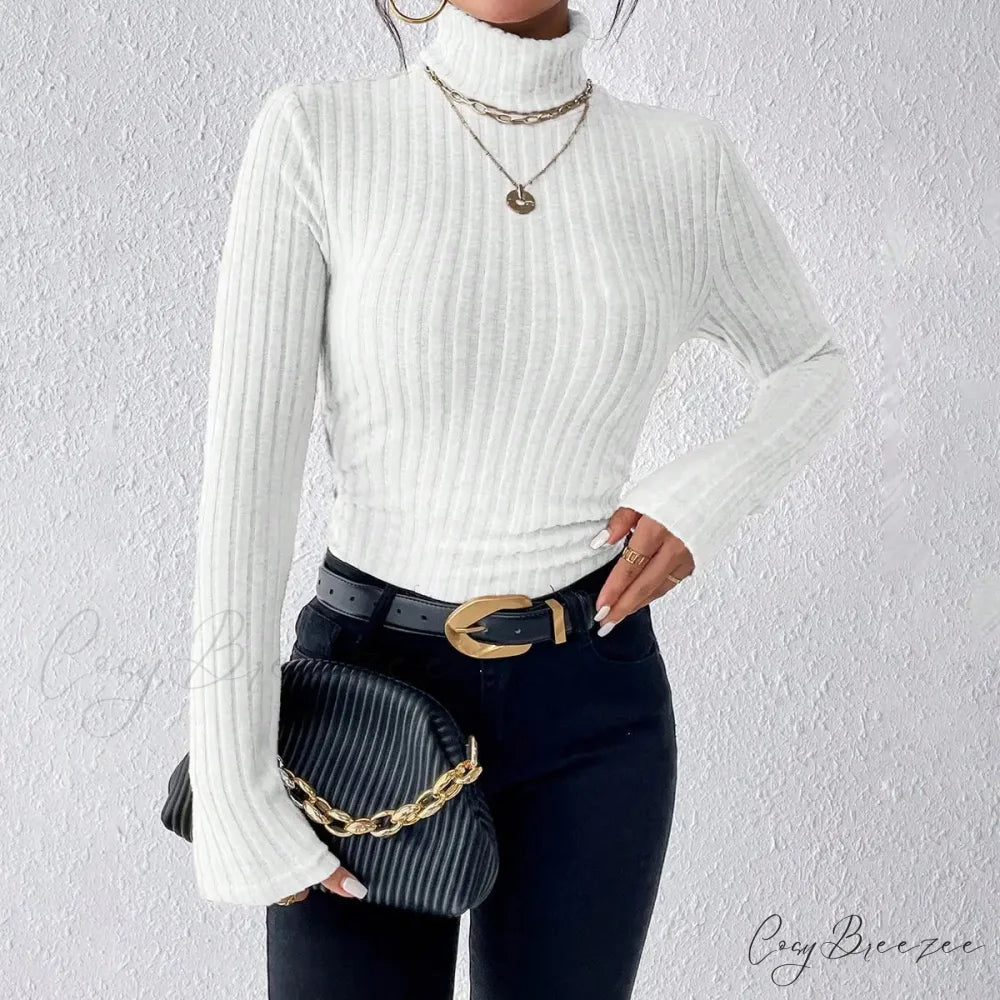 Explosive Solid Color High-Neck Slim Long Sleeve Top Women knittop-250126