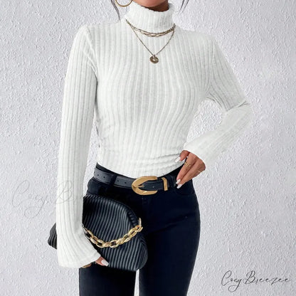 Explosive Solid Color High-Neck Slim Long Sleeve Top Women knittop-250126