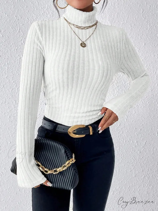Explosive Solid Color High-Neck Slim Long Sleeve Top Women knittop-250126