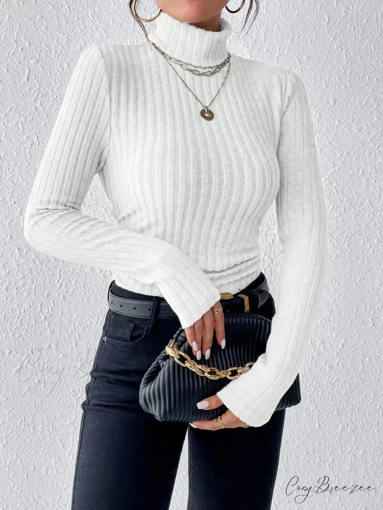 Explosive Solid Color High-Neck Slim Long Sleeve Top Women knittop-250126