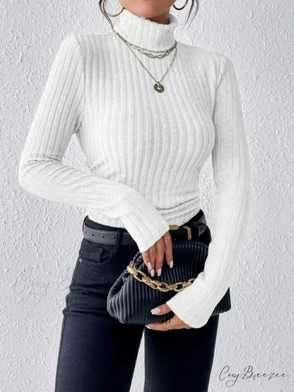Explosive Solid Color High-Neck Slim Long Sleeve Top Women knittop-250126
