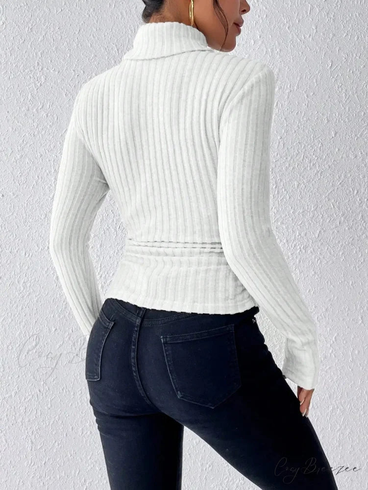 Explosive Solid Color High-Neck Slim Long Sleeve Top Women knittop-250126