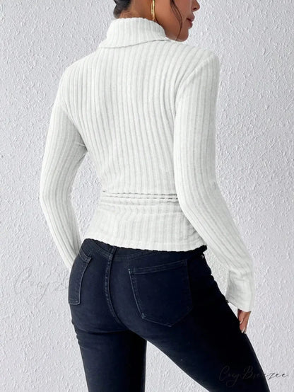 Explosive Solid Color High-Neck Slim Long Sleeve Top Women knittop-250126
