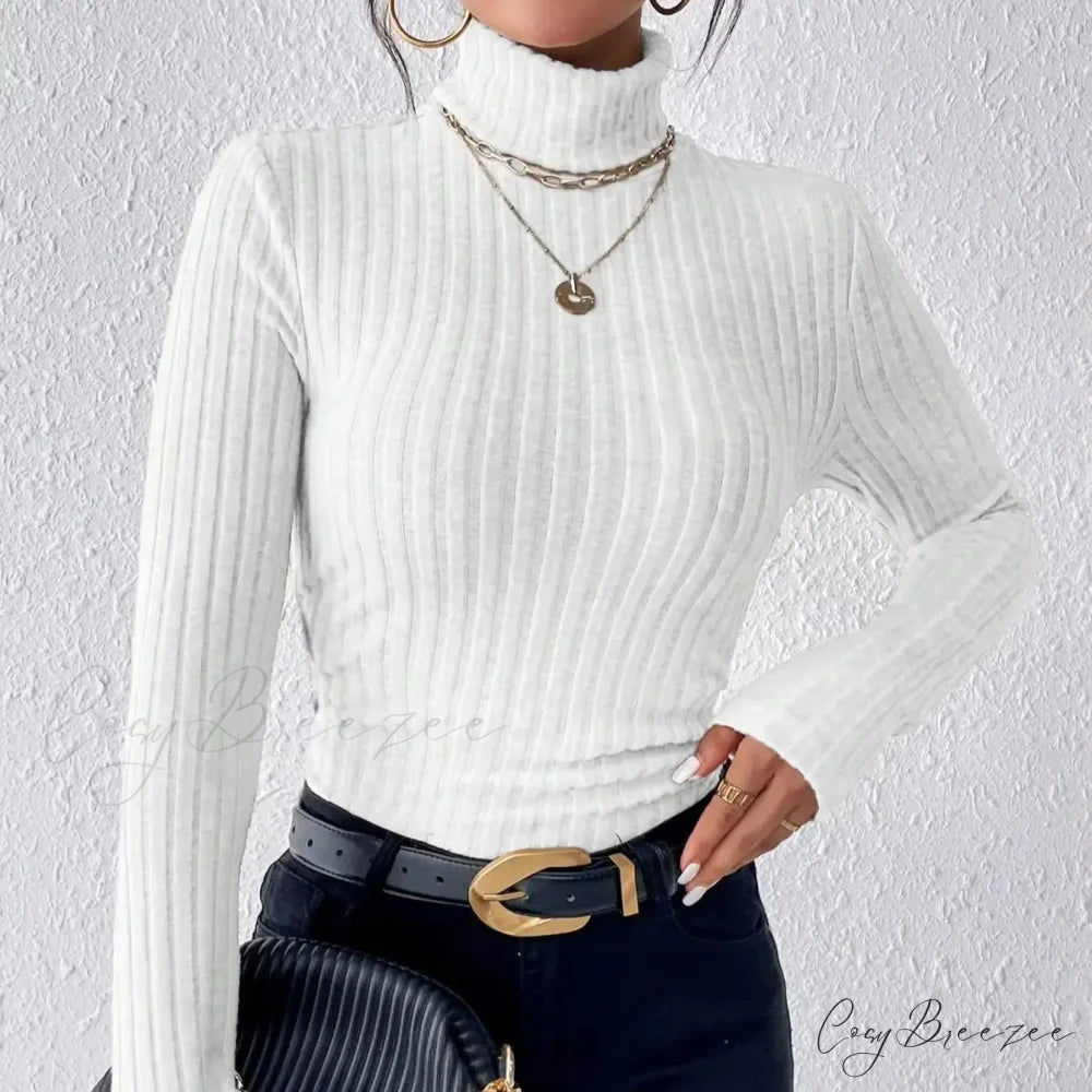 Explosive Solid Color High-Neck Slim Long Sleeve Top Women white / XS knittop-250126