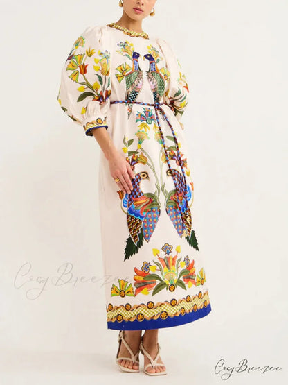 Exquisite And Fun Printed Puff Trendy Sleeves Loose Casual Midi Dress