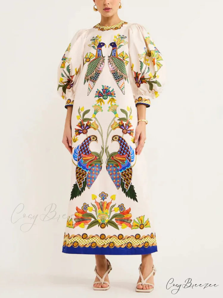Exquisite And Fun Printed Puff Trendy Sleeves Loose Casual Midi Dress