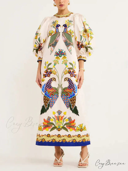 Exquisite And Fun Printed Puff Trendy Sleeves Loose Casual Midi Dress