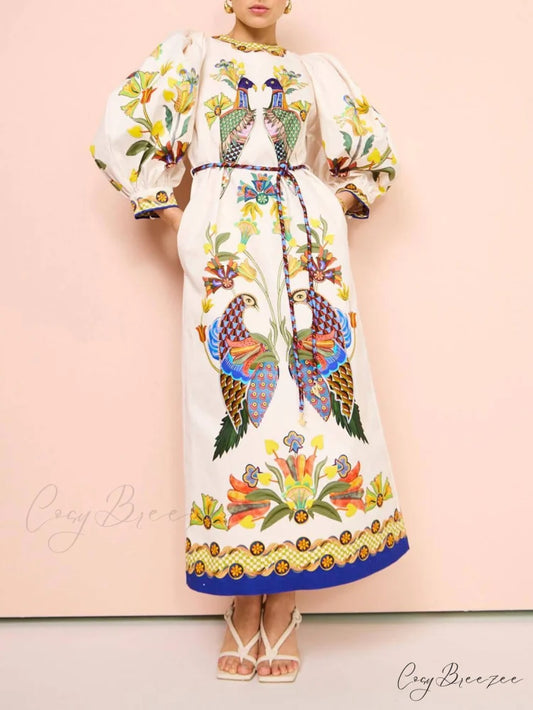 Exquisite And Fun Printed Puff Trendy Sleeves Loose Casual Midi Dress white / S