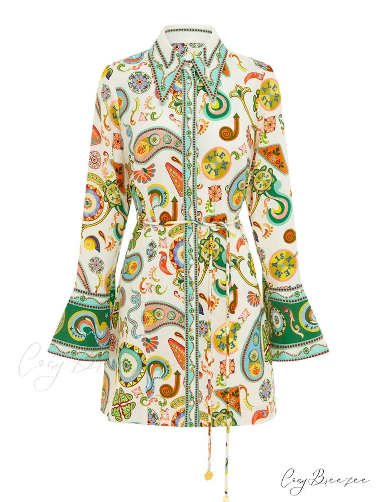 Exquisite And Printed Charming Trumpet Sleeve Mini Dress