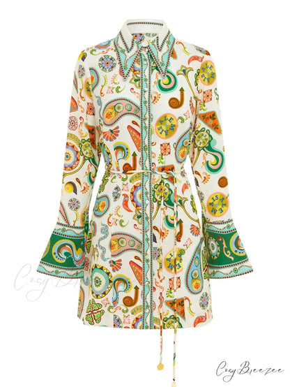 Exquisite And Printed Charming Trumpet Sleeve Mini Dress