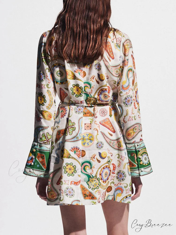 Exquisite And Printed Charming Trumpet Sleeve Mini Dress