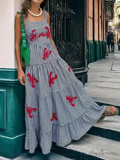 Exquisite Embroidered Holiday Charming Camisole Midi Dress Blue / S