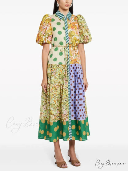 Exquisite Retro Floral Print Graceful Puff Sleeve Midi Dress