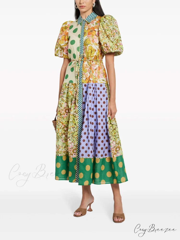 Exquisite Retro Floral Print Graceful Puff Sleeve Midi Dress Multicolor / S