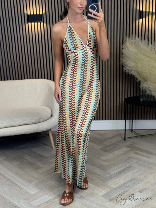 Exquisite V-Neck Crochet Charming Suspender Maxi Dress Multi-Color / S