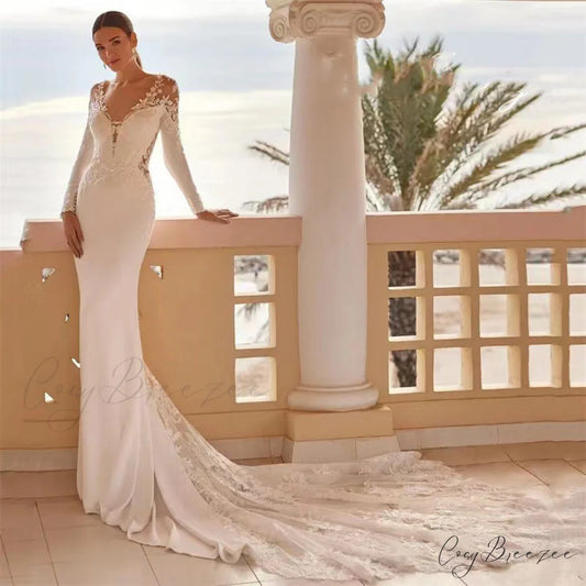Extended Sleeve Decorated Seaside Marriage Gown lvory white / 2 weddingdress-250223