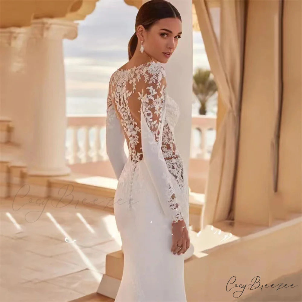 Extended Sleeve Decorated Seaside Marriage Gown weddingdress-250223