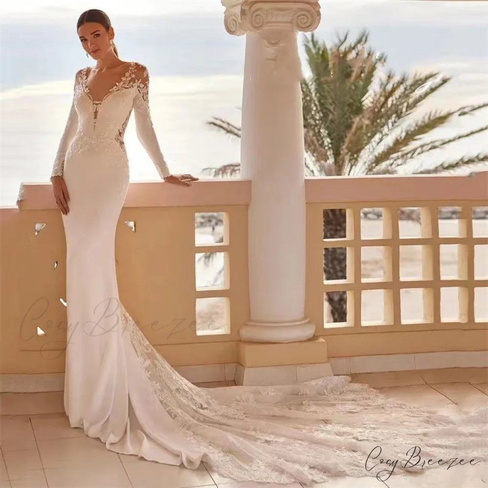 Extended Sleeve Decorated Seaside Marriage Gown weddingdress-250223