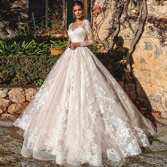 Extended Sleeve Lace Ballroom Marriage Dress lvory white / 2 weddingdress-250223
