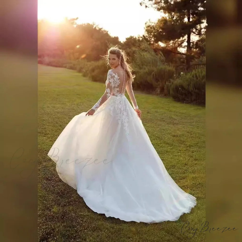 Extended Sleeve Transparent Tulle Bridal Gown weddingdress-250223