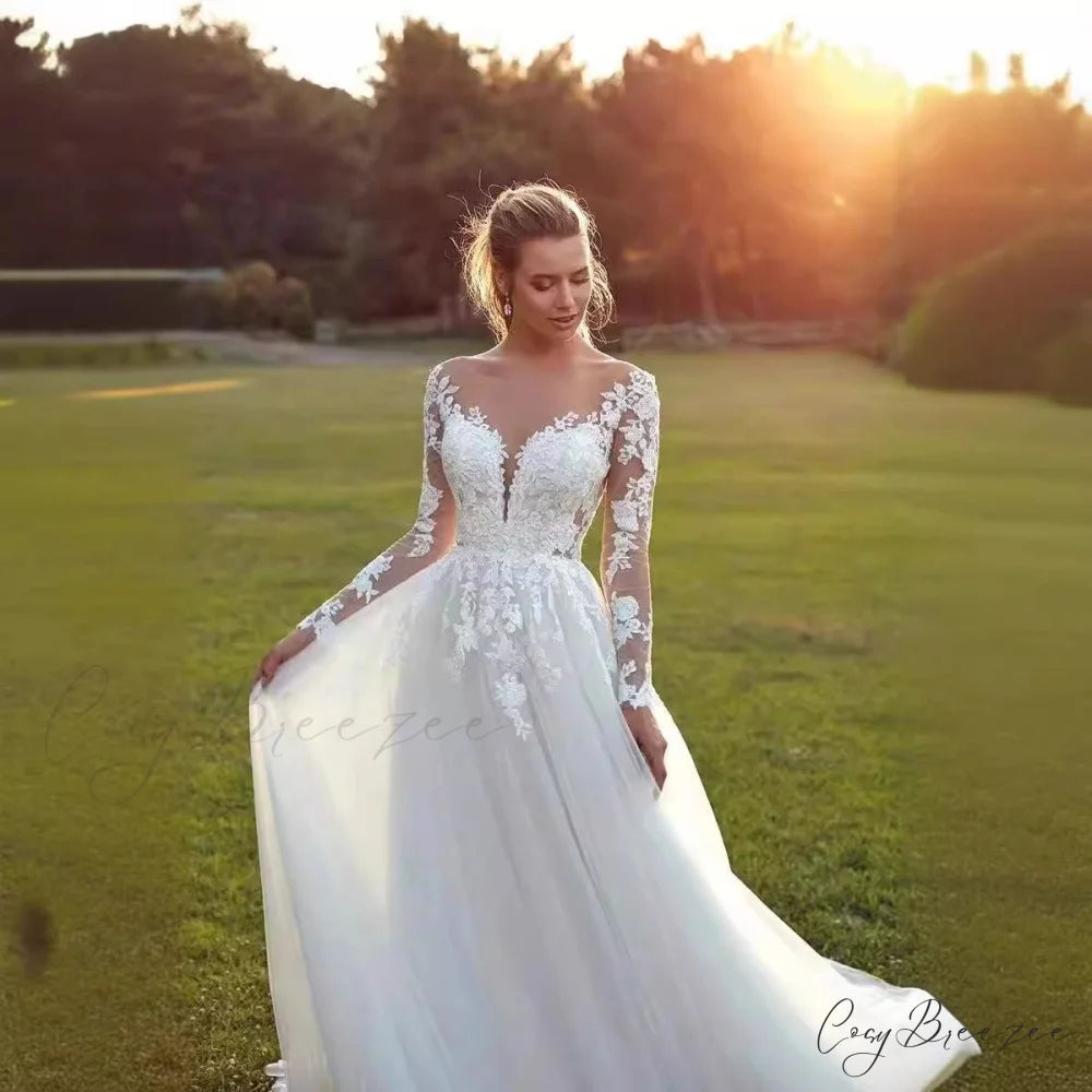 Extended Sleeve Transparent Tulle Bridal Gown weddingdress-250223