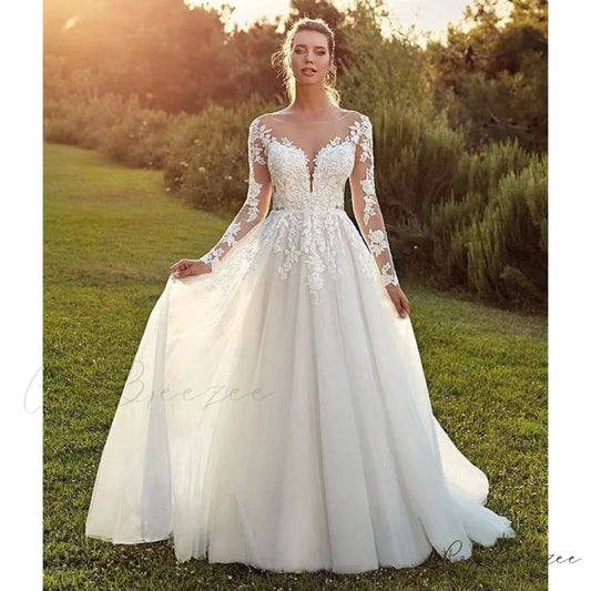 Extended Sleeve Transparent Tulle Bridal Gown white / 2 weddingdress-250223