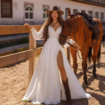 Extended Sleeve V-Neck Lace Bridal Dress weddingdress-250223