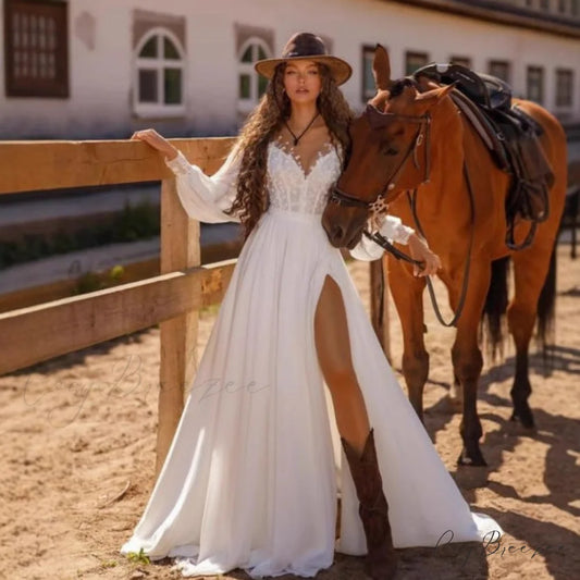 Extended Sleeve V-Neck Lace Bridal Dress weddingdress-250223