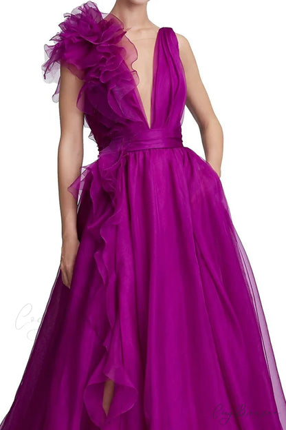Extravagance Purple Graceful Ruffled Evening Dress