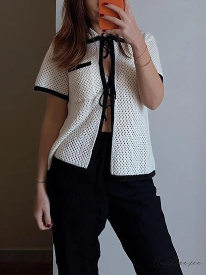 Eyelet Contrast Graceful Trim Tie-Front Cardigan Off-White / S