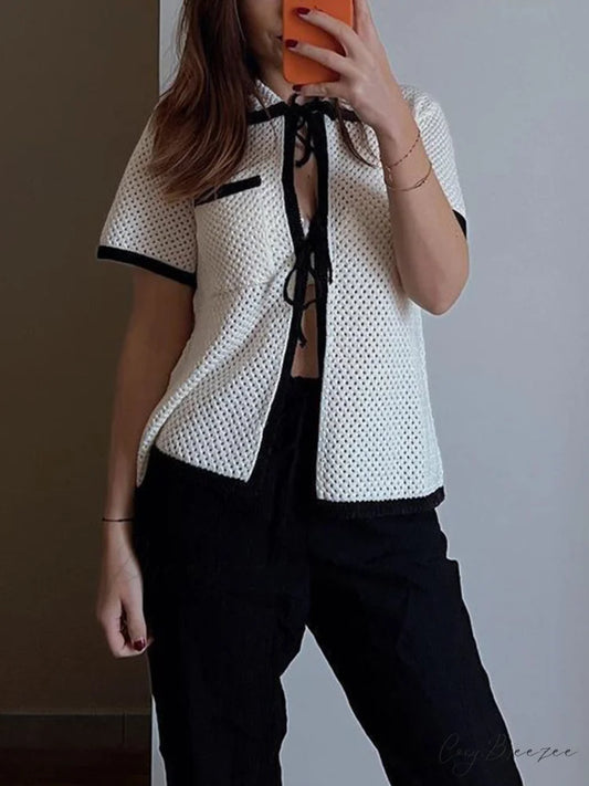 Eyelet Contrast Graceful Trim Tie-Front Cardigan Off-White / S