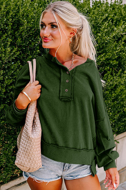 Sweatshirt Blackish Drop - Shoulder Henley Buttons Green