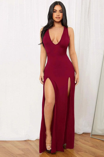 Solid Color Deep V Split Bodycon Sexy  Party Dress