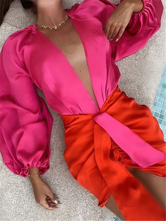 Sexy Deep V-neck Satin Two Piece Set