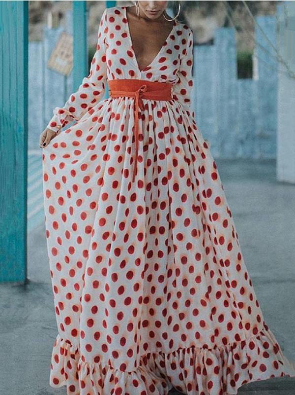 Red Polka-Dot V-Neck Maxi Dress with Long Sleeves