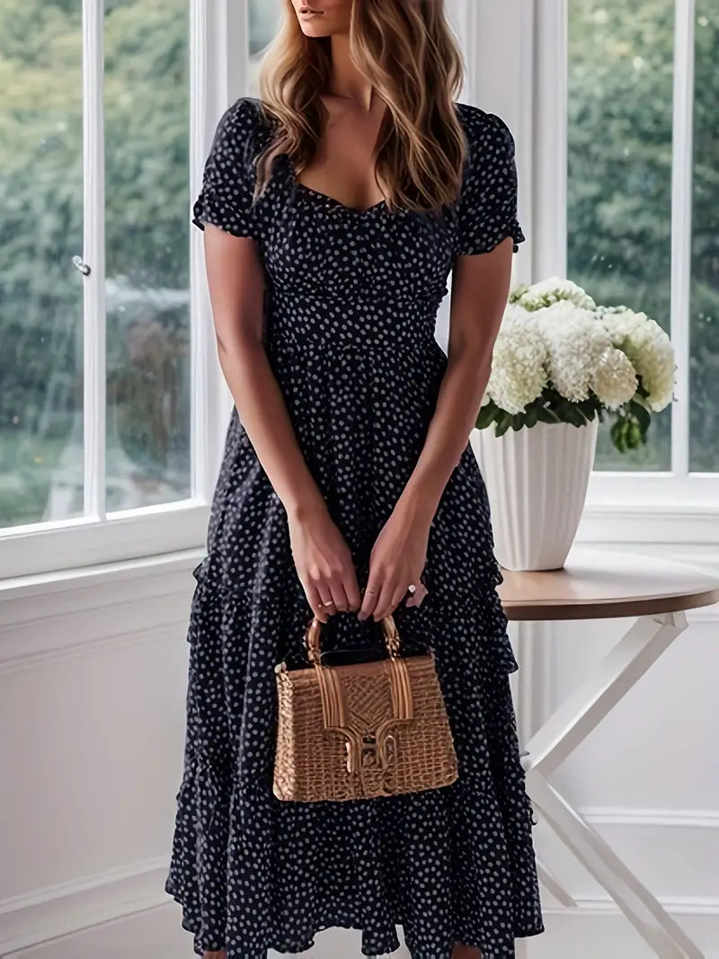 Square Neck Polka Dot Puff Sleeve Dress for Summer