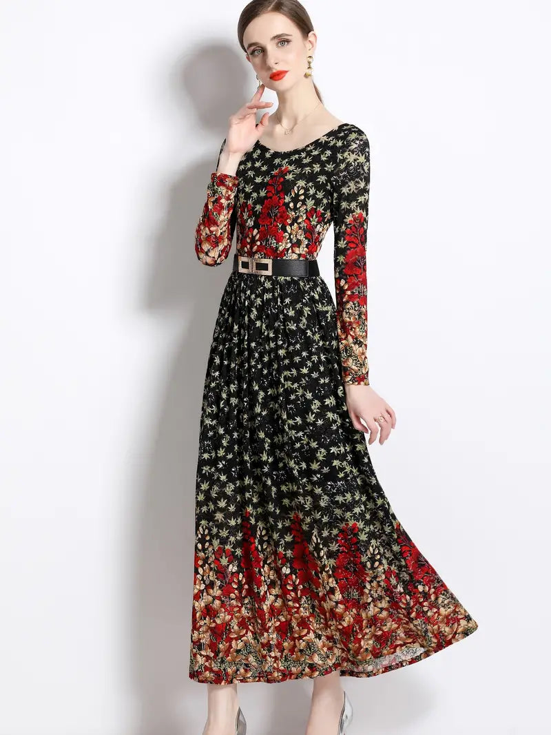 Star Print Midi Winter Dress With Belt